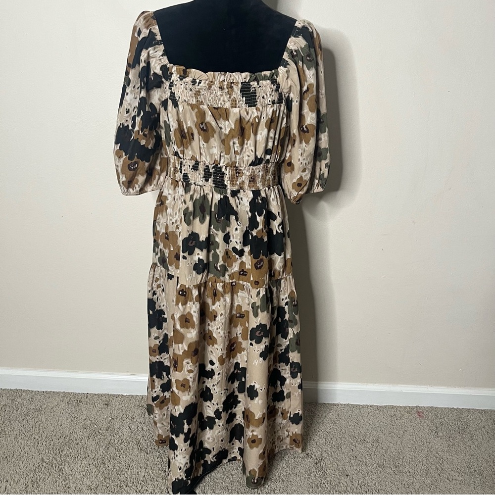 Bohme Women’s Brown Tan Green Black Smocked Puff Sleeve Midi Dress Sz‎ L~NWT